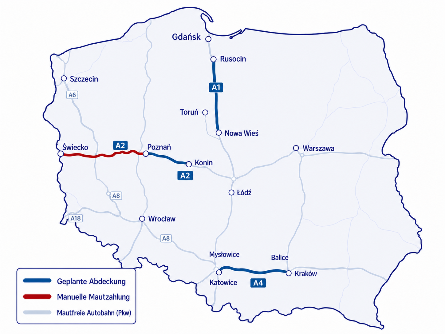 Schematische Polenkarte mit den geplanten Videotolling-Strecken auf A1, A2 und A4 sowie manueller Mautzahlung auf der westlichen A2